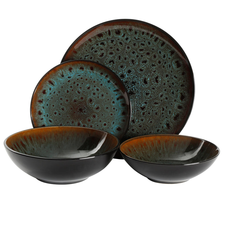 Kyoto 16-Piece Double Bowl Reactive Stoneware Dinnerware Set - Teal