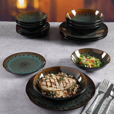 Kyoto 16-Piece Double Bowl Reactive Stoneware Dinnerware Set - Teal