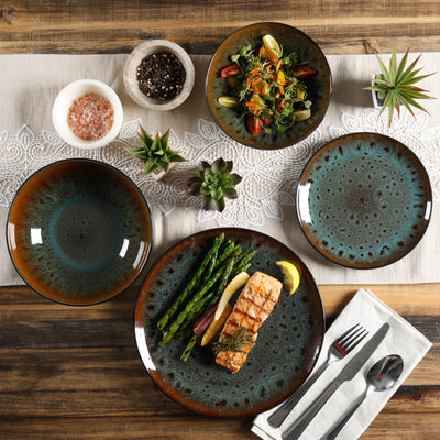 Kyoto 16-Piece Double Bowl Reactive Stoneware Dinnerware Set - Teal