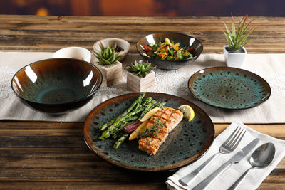 Kyoto 16-Piece Double Bowl Reactive Stoneware Dinnerware Set - Teal