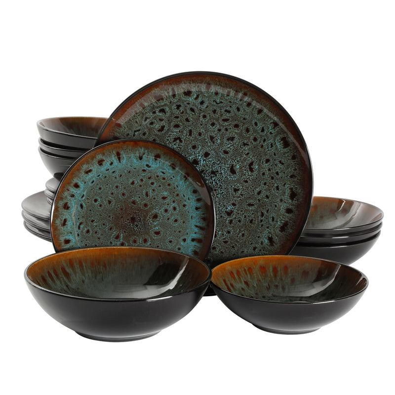 Kyoto 16-Piece Double Bowl Reactive Stoneware Dinnerware Set - Teal